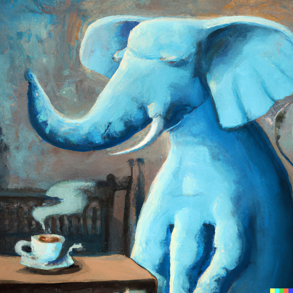 Painting of a blue elephant about to enjoy a cup of espresso at a cafe