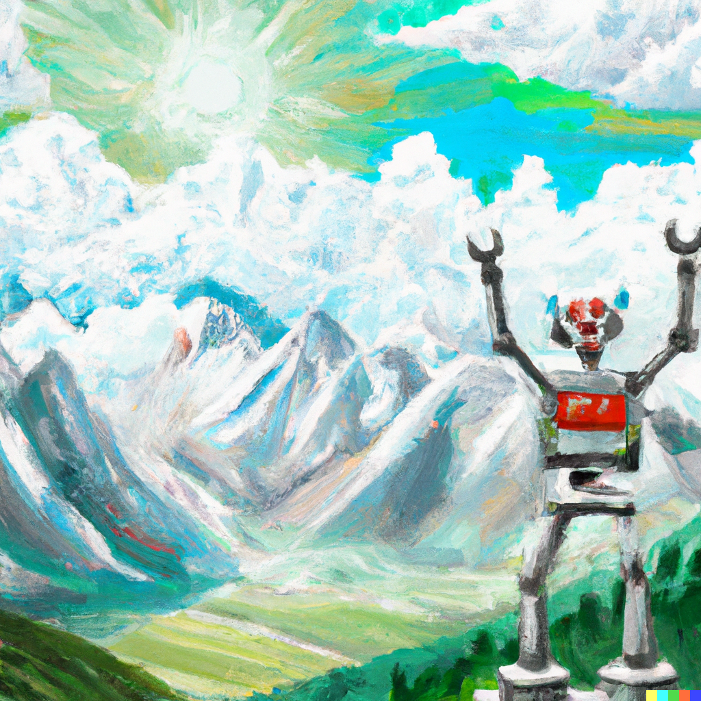 Painting of a robot standing triumphantly on a mountain top