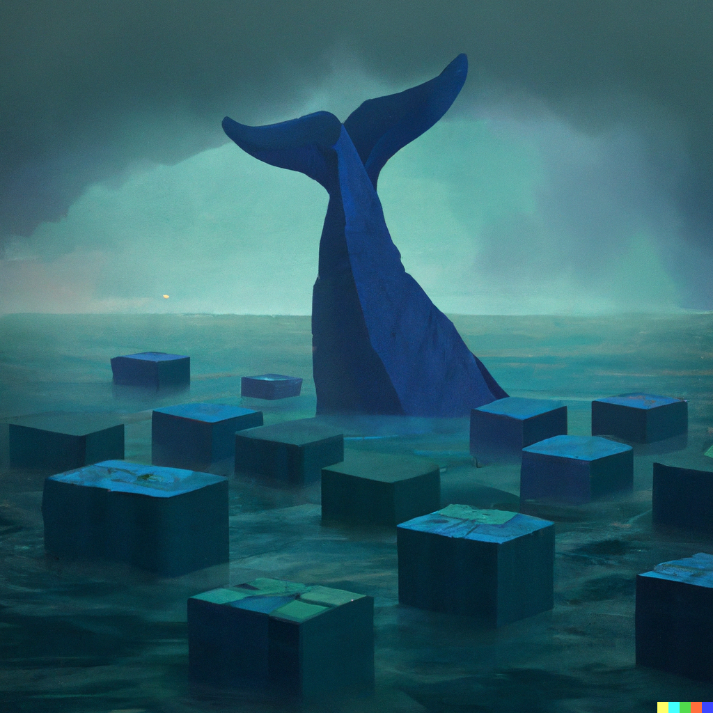 Painting of a whale in a foggy ocean that is filled with blue blocks