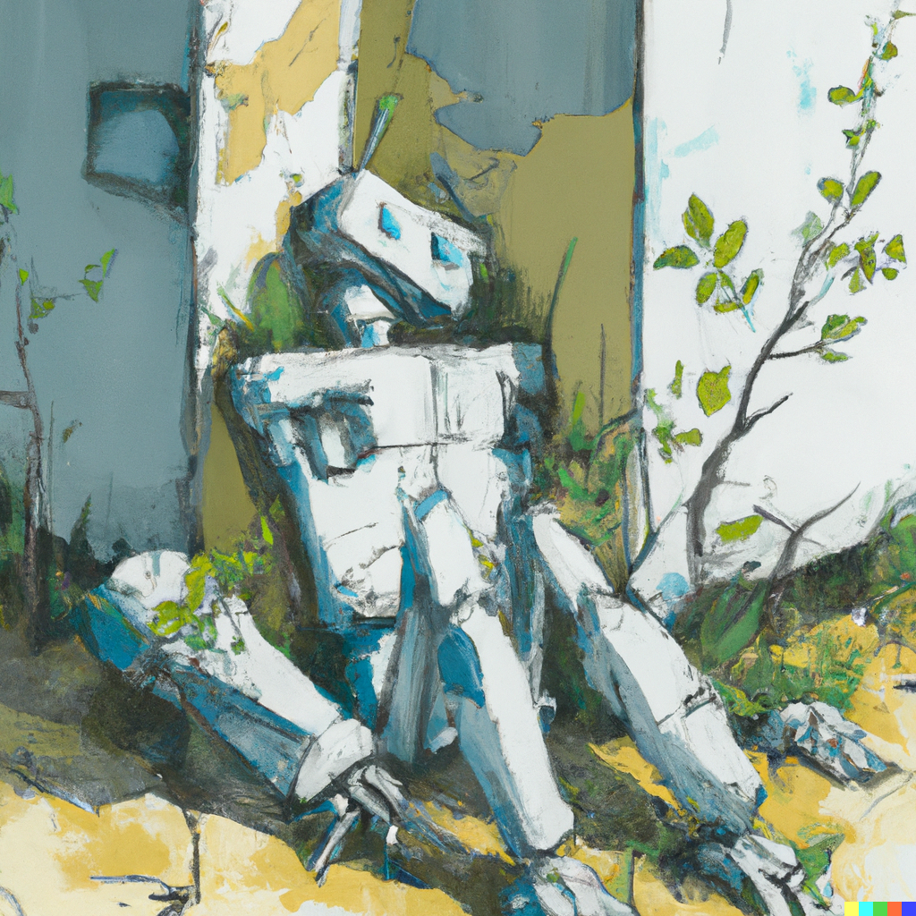 Painting of a robot that is falling apart while leaves and branches grow around it