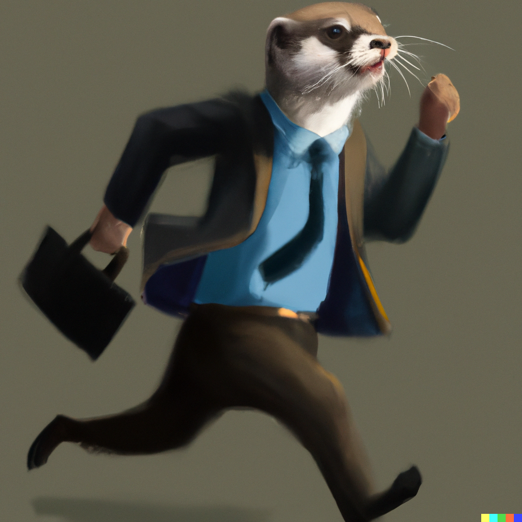 An otter in a suit and tie running with a briefcase