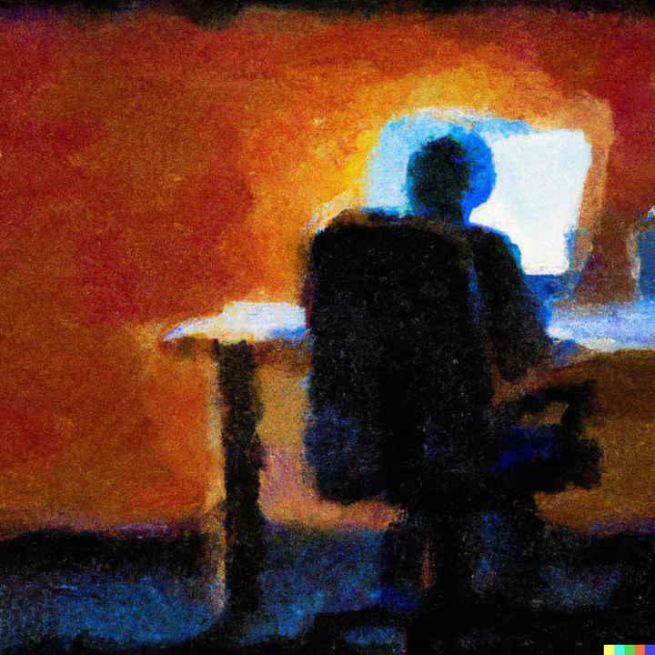 Abstract painting of an individual at an office desk staring into a bright computer screen in a dimly lit room
