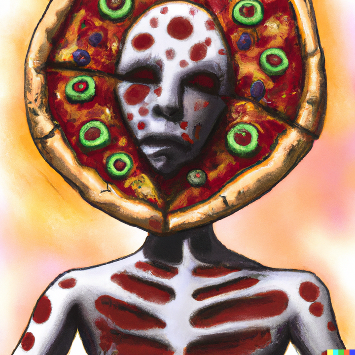 Painting of a terrifying alien-like figure with a pizza surrounding its head