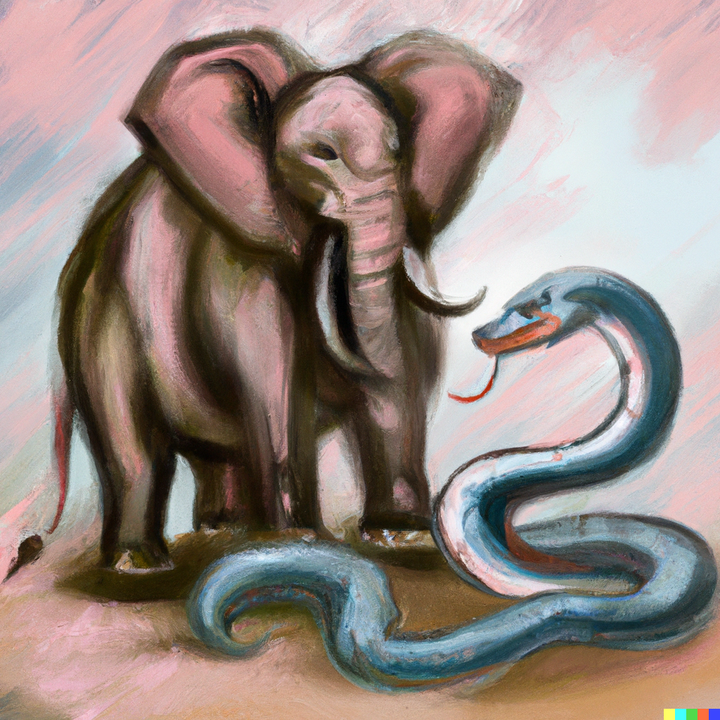 Painting of an Elephant and A Python looking towards each other